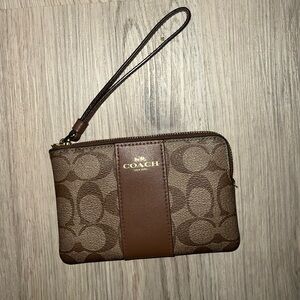 Coach Brown Signature Wristlet – Coated Canvas & Leather Trim
